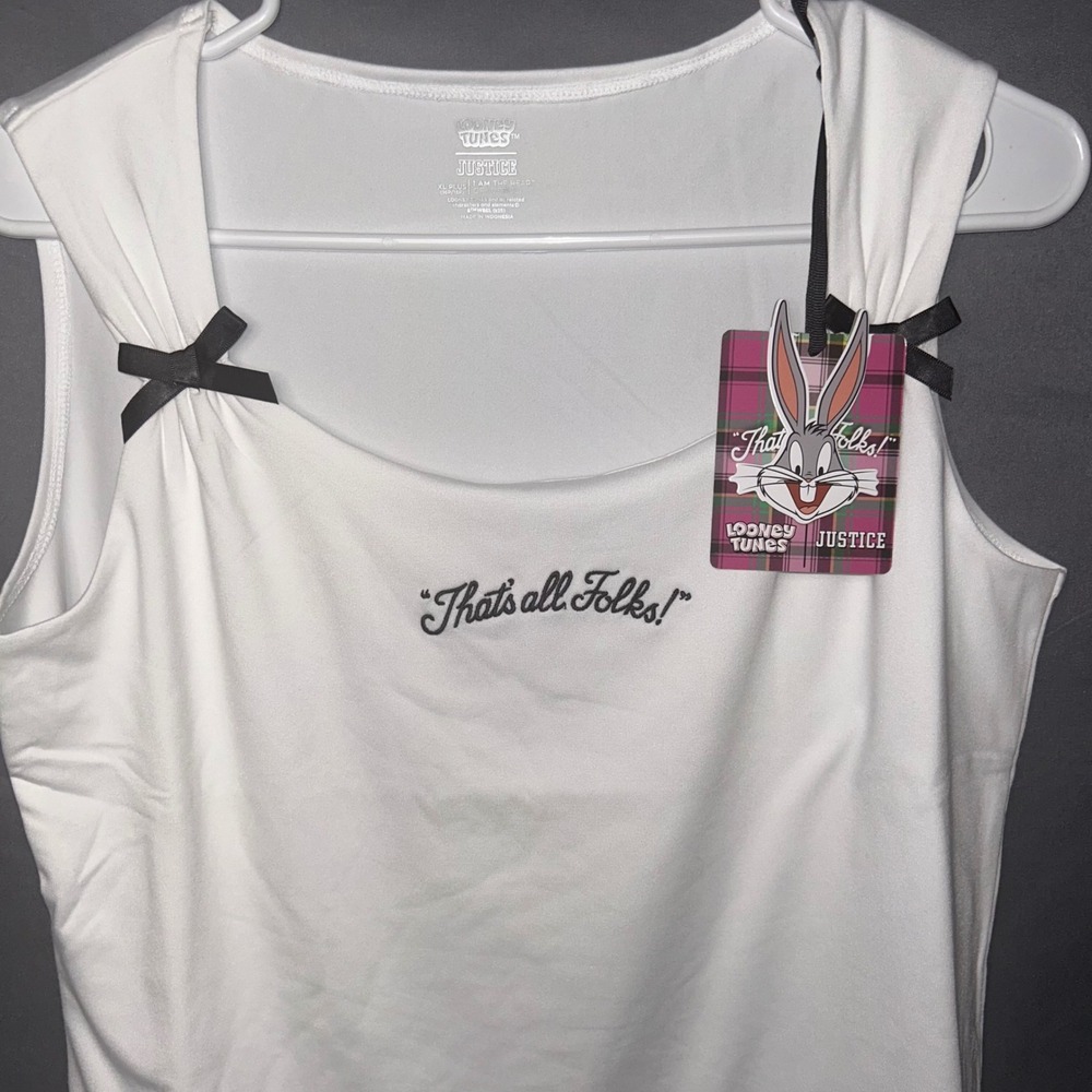 Justice‎ Looney Tunes Girls XL Plus 16P/18P White Thats All Folks Bow Tank Top